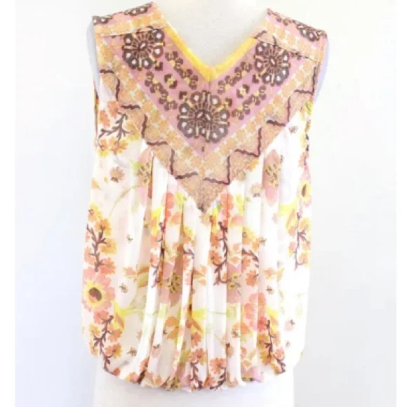 FREE PEOPLE | Floral print havana muscle tank Hi LO draped white yellow - Picture 8 of 16